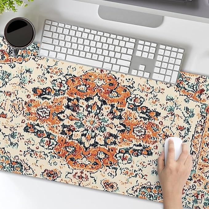 Vintage Rug Gaming Mouse Pad XXL Orange Teal Retro Carpet Aesthetic Extended Large Mat Bohemian Boho Mousepad Desk Pad Non-Slip Rubber Base Stitched Edge Flower Keyboard Pad for Computer,35.4x15.7 in