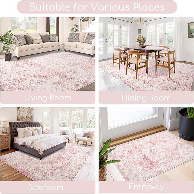 Area Rug - 8x10 Washable Pink Rug Honeycomb Non Slip Retro Rugs Soft Faux Wool Carpet Foldable & Machine Washable Rugs for Living Room Bedroom Dining Room Kitchen