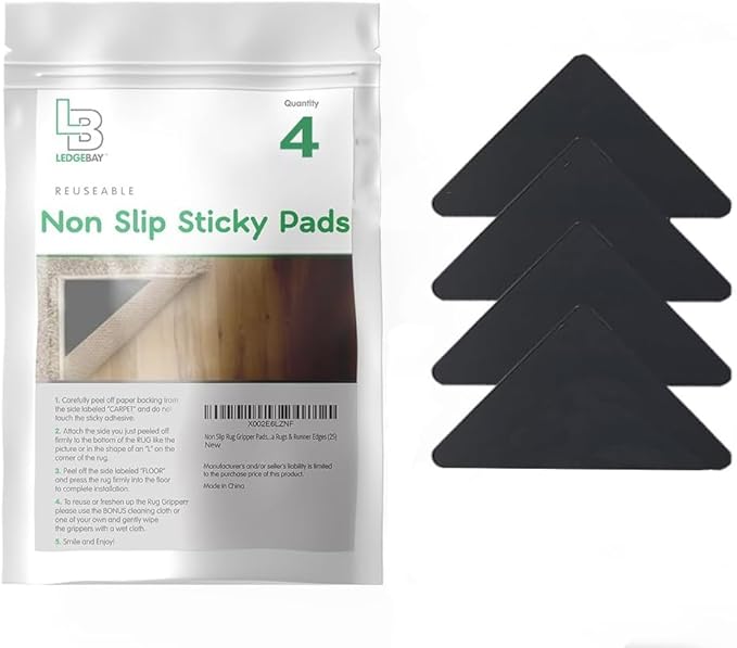 Ledgebay Rug Pad Grippers for Area Rugs - Multi Pack Reusable, No Skid, Washable, Anti-Slip, Rug Pad Gripper for Hardwood Floors and Tile with Double-Sided, Self Adhesive to Keep Area Rugs Flat (4)
