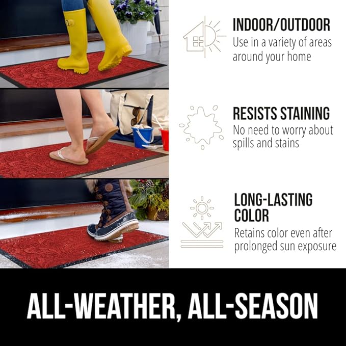 GORILLA GRIP 100% Waterproof All-Season WeatherMAX Doormat US Designed Natural Rubber, Stain and Fade Resistant, Low Profile Indoor Outdoor Door Mats, Easy Clean Patio Mat, 17x29, Red Vintage Wine