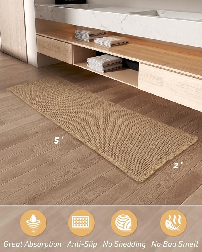 Upgraded Waffle Runner Rug, Super Absorbent Non Slip Bath Mats for Bathroom Floor, Machine Washable Bathroom Runner Rug with Tassels, Ideal for Hallway Bedroom Laundry Room, Brown, 2'x 5'(24" x 60")