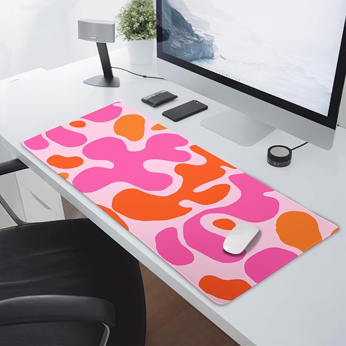Pink Orange Cute Gaming Mouse Pad Extended 3XL Kawani Preppy Abstract Modern Geographic Large Desk Mat Mousepad Non-Slip Rubber Base Stitched Edge Long Desk Pad for Desktop Office PC,47.2x23.6 Inch