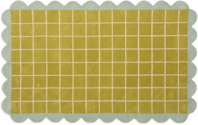 Checkered Wool Area Rug with Scalloped Border, Chartreuse Green & Cream Grid, Hand-Tufted, Soft Cut Pile, Modern Cottagecore Living Room, Bedroom & Nursery Carpet - 5x8 Ft