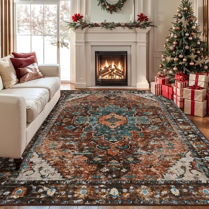 Ciicool Area Rug 5x7ft Washable Rugs for Living Room Non-Slip Indoor Rugs Large Low-Pile Mat Floor Carpet Vintage Rug for Bedroom Dinning Foyer Decor (Brick Red/Dull Teal)