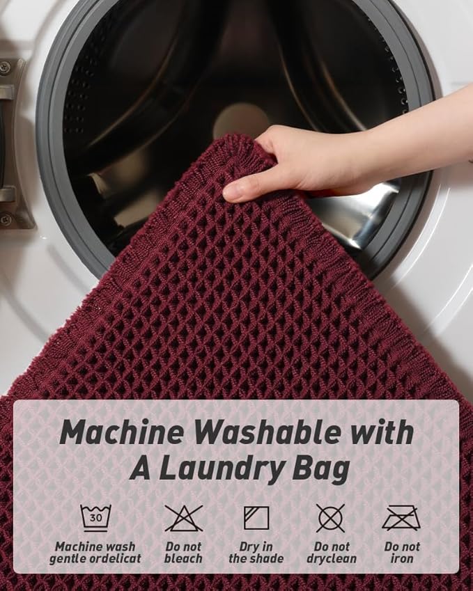 AMOAMI Upgraded Waffle Runner Rug Super Absorbent Non Slip Bath Mats for Bathroom Floor Washable Bathroom Runner Rug with Tassels, Ideal for Hallway Bedroom Laundry Room, Burgundy, 2' x 4'(24" x 48")