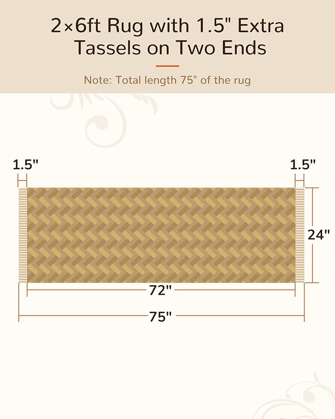 BESTSWEETIE 2x6 Washable Rug Hand-Woven Low Pile Soft Modern Farmhouse Bohemian Decor Reversible Braided Rugs with Tassels Throw Carpet for Living Room Bedroom Entryway Bathroom, Natural Jute
