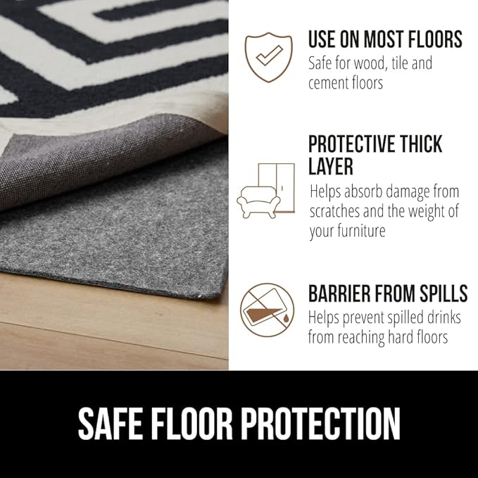 GORILLA GRIP Felt with Rubber Stay in Place Slip Resistant Rug Pad, 1/4 inch Thick, 3x5 FT Protective Padding Under Area Rugs, Cushioned Gripper Pads, Carpet Runners, Hardwood Floors Protection