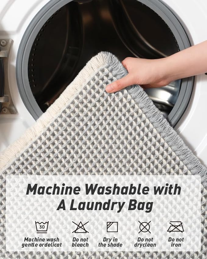 AMOAMI Upgraded Waffle Runner Rug Super Absorbent Non Slip Bath Mats for Bathroom Machine Washable Bathroom Runner Rug with Tassels, Ideal for Hallway Bedroom Laundry Room, 2' x 6', LightGrey & Cream