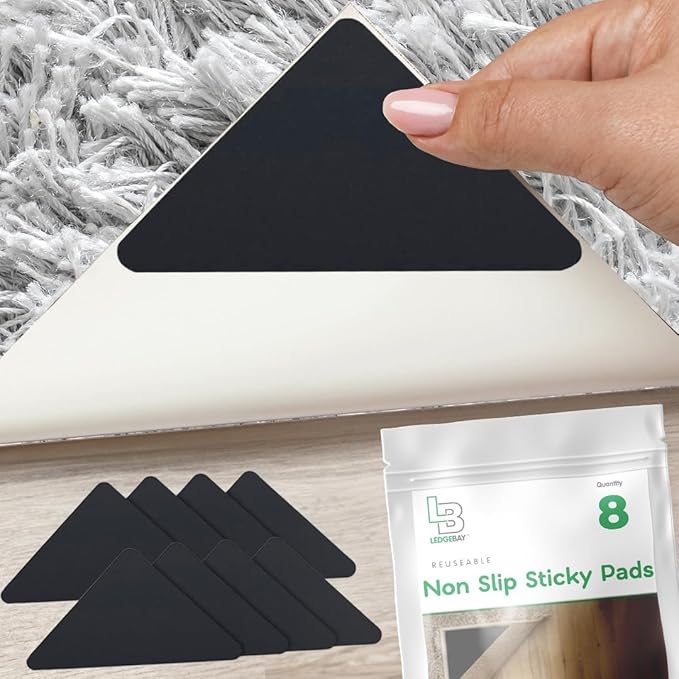 Ledgebay Rug Pad Grippers for Area Rugs - Multi Pack Reusable, No Skid, Washable, Anti-Slip, Rug Pad Gripper for Hardwood Floors and Tile with Double-Sided, Self Adhesive to Keep Area Rugs Flat (8)