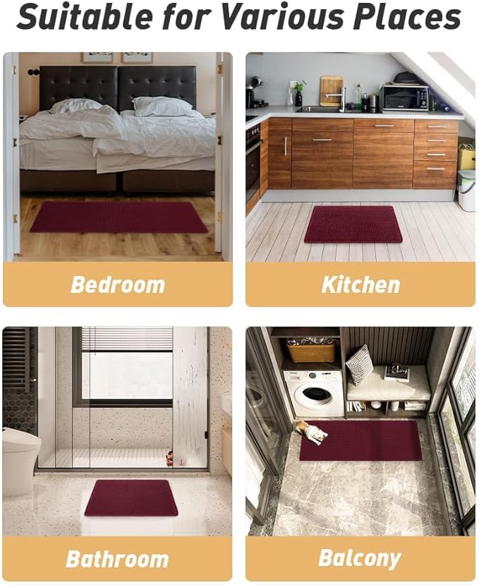 AMOAMI Upgraded Waffle Runner Rug Super Absorbent Non Slip Bath Mats for Bathroom Floor Washable Bathroom Runner Rug with Tassels, Ideal for Hallway Bedroom Laundry Room, Burgundy, 2' x 4'(24" x 48")