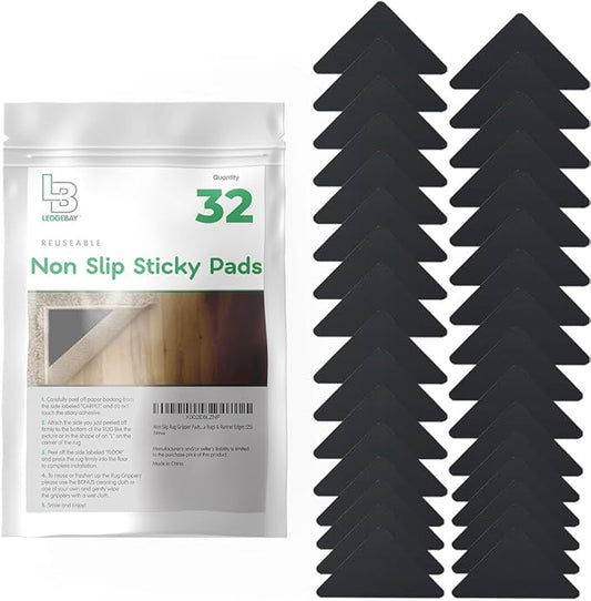 Ledgebay Rug Pad Grippers for Area Rugs - Multi Pack Reusable, No Skid, Washable, Anti-Slip, Rug Pad Gripper for Hardwood Floors and Tile with Double-Sided, Self Adhesive to Keep Area Rugs Flat (32)