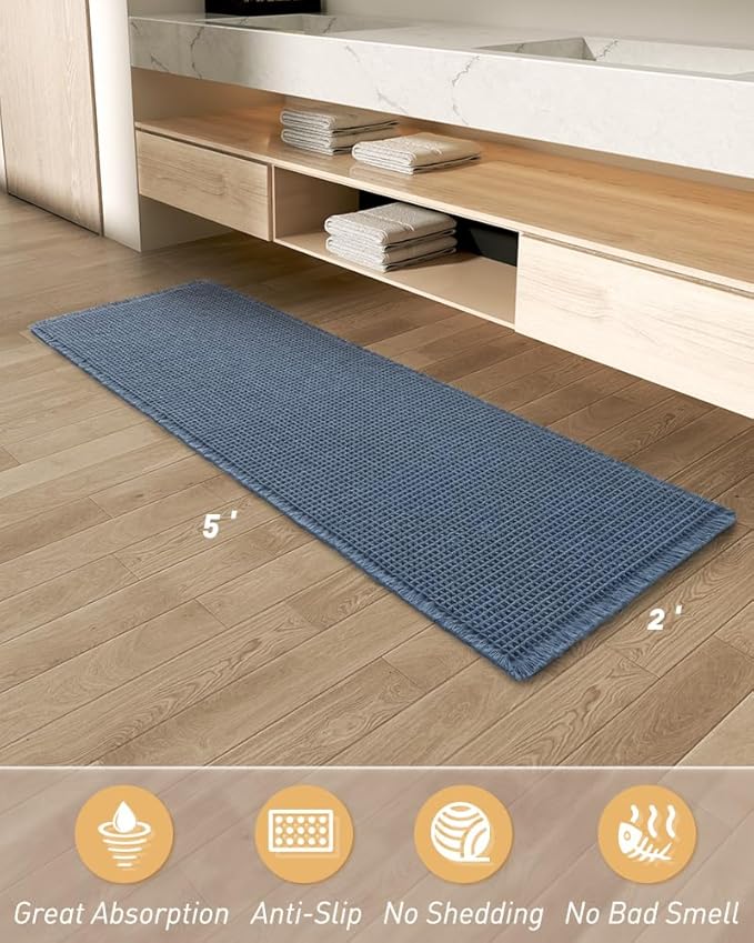 AMOAMI Upgraded Waffle Runner Rug Super Absorbent Non Slip Bath Mats for Bathroom Machine Washable Bathroom Runner Rug with Tassels, Ideal for Hallway Bedroom Laundry Room, 2'x 5'(24" x 60"), Blue