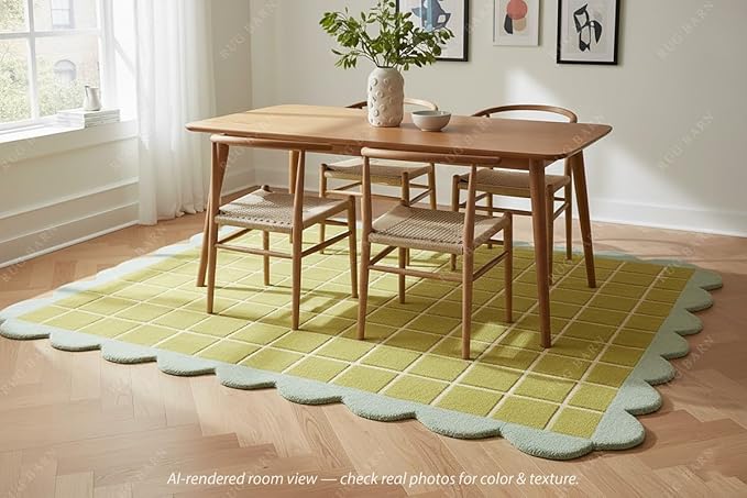 Checkered Wool Area Rug with Scalloped Border, Chartreuse Green & Cream Grid, Hand-Tufted, Soft Cut Pile, Modern Cottagecore Living Room, Bedroom & Nursery Carpet - 5x7 Ft