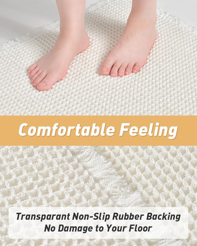 Upgraded Waffle Runner Rug Super Absorbent Non Slip Bath Mats for Bathroom Floor, Washable Boho Bathroom Runner Rug with Tassels, Ideal for Hallway Bedroom Laundry Room, 2' x 6', White