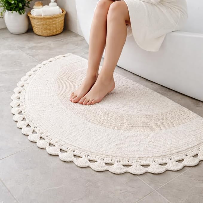 Savi Home Half Moon Circle Bohemian Bathroom Rug with Handwoven Chrochet Border, Beautifully Handcrafted 100% Cotton Mat - 22x42, Half Round Bedroom Rug, Boho Bathroom Décor,Machine Washable -White