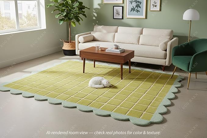 Checkered Wool Area Rug with Scalloped Border, Chartreuse Green & Cream Grid, Hand-Tufted, Soft Cut Pile, Modern Cottagecore Living Room, Bedroom & Nursery Carpet - 9x12 Ft