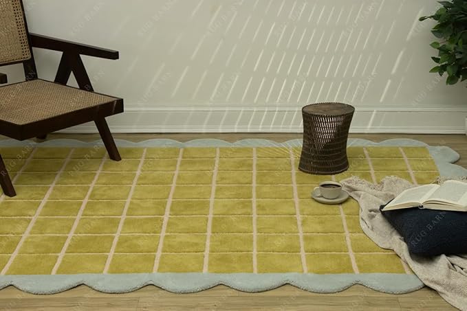 Checkered Wool Area Rug with Scalloped Border, Chartreuse Green & Cream Grid, Hand-Tufted, Soft Cut Pile, Modern Cottagecore Living Room, Bedroom & Nursery Carpet - 5x8 Ft