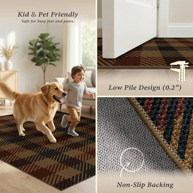 Neutral 4x6 Area Rug for Indoor Entrance - Easy Jute Brown and Red Checkered Rug for Large Entryway, Small Living Room, Stain Resistant Low Pile Retro Vintage Dark Décor