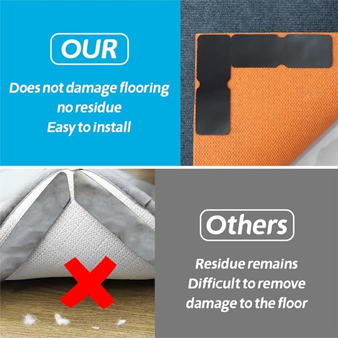 Rug Gripper for Hardwood Floors: 8 PCS No Damage Rug Tape - Anti Slip Rug Grips for Area Rugs – Secure Carpet Tape for Wood Floors, Safe & Strong Hold (8)