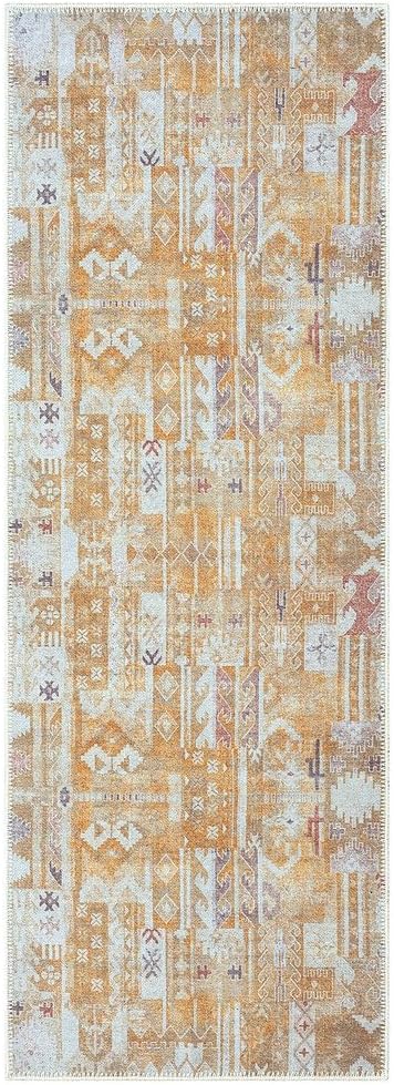 GLN Rugs Bohemian Collection - Machine Washable Area Rug, Bohemian Vintage, Non Slip, Low Pile Chenille Rug, Living Room, Bedroom, Bathroom Rug (2'6"x7' Yellow)