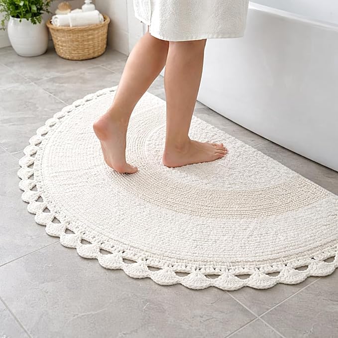 Savi Home Half Moon Circle Bohemian Bathroom Rug with Handwoven Chrochet Border, Beautifully Handcrafted 100% Cotton Mat - 22x42, Half Round Bedroom Rug, Boho Bathroom Décor,Machine Washable -White