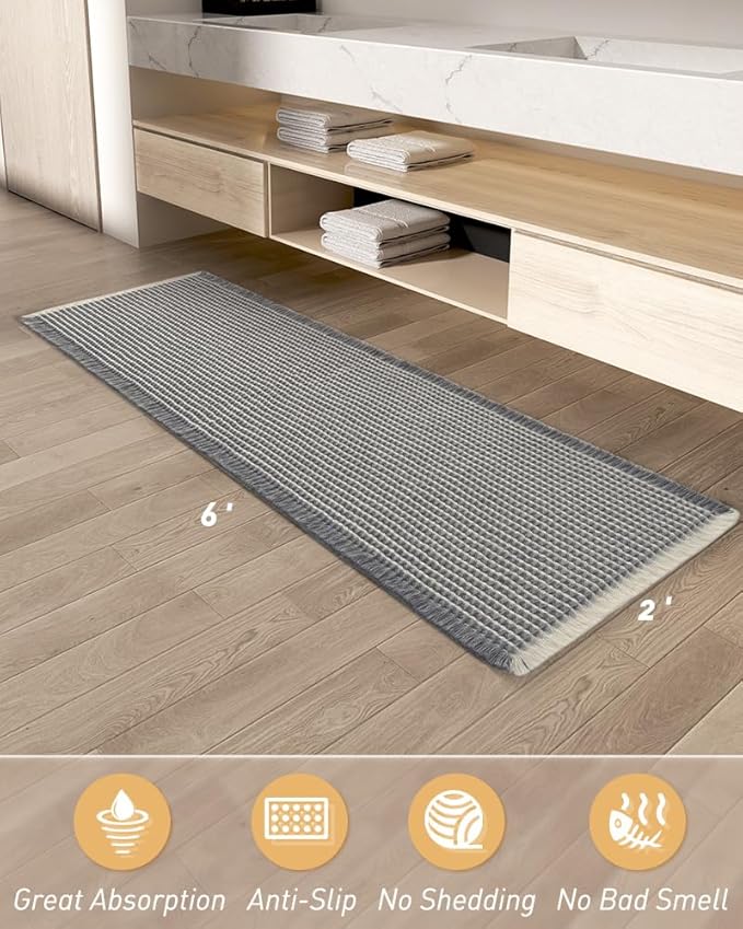 AMOAMI Upgraded Waffle Runner Rug Super Absorbent Non Slip Bath Mats for Bathroom Machine Washable Bathroom Runner Rug with Tassels, Ideal for Hallway Bedroom Laundry Room, 2' x 6', Darkgrey & Cream