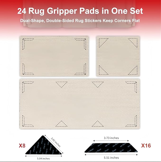24Pcs Rug Gripper Pads, Non-Slip Corner Carpet Tape for Extra-Large Area Rugs, Double Sided Rug Pads Grippers for Hardwood Floors and Tiles, Prevent Curling and Bunching, Black