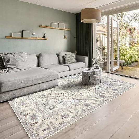 GLN Rugs Bohemian Collection - Machine Washable Area Rug, Bohemian Vintage, Non Slip, Low Pile Chenille Rug, Living Room, Bedroom, Bathroom Rug (5'x7' Beige and Gray)