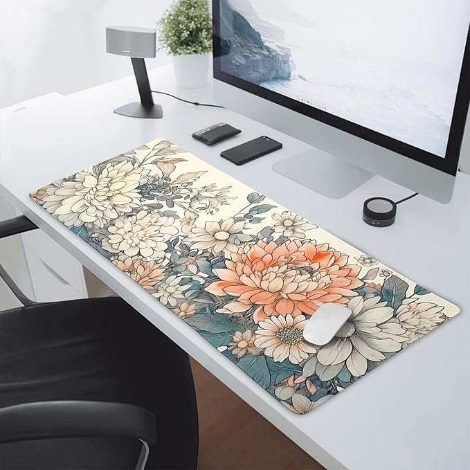 Japanese Aesthetic Floral Gaming Mouse Pad XXL Vintage Orange White Flowers Extended Large Mat Mousepad Desk Pad Non-Slip Rubber Base Stitched Edge Keyboard Pad Playmat for Computer,35.4×15.7 Inch