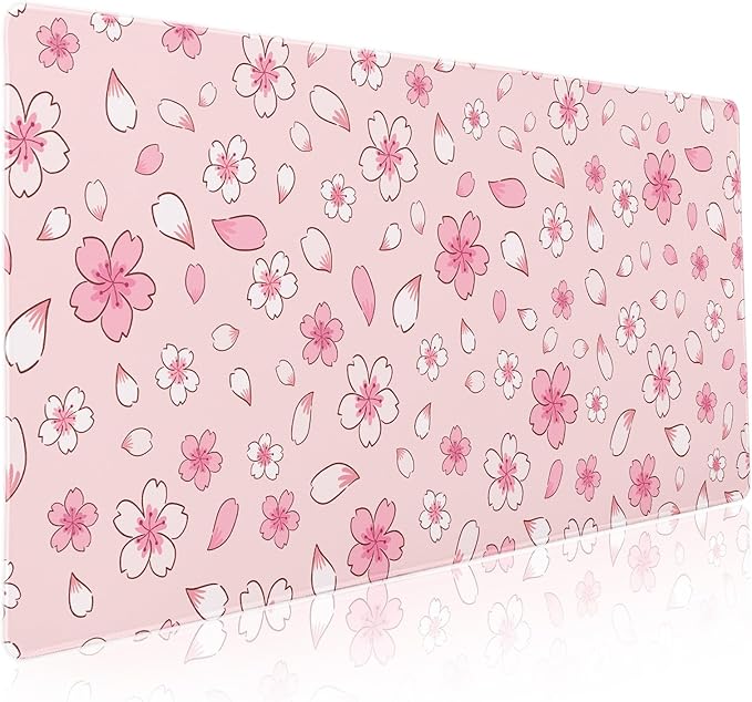 Pink Cherry Blossom Gaming Mouse Pad XXL Cute Anime Aesthetics Floral Extended Kawaii Flowers Large Mousepad Non-Slip Rubber Base Stitched Edge Keyboard Desk Pad Playmat for Computer,35.4×15.7 in