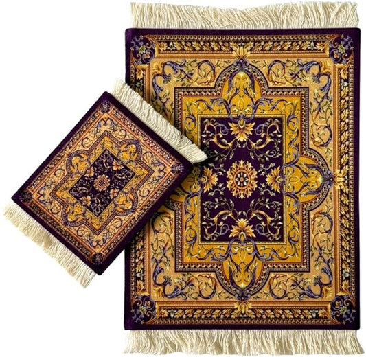 Persian Rug Mouse Pad & Coaster Set – Vintage Oriental Flower Design, Bohemian Carpet Mousepad for Office & Home, Mini Desk Accessories for Laptop & PC