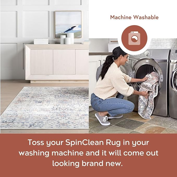 Nuloom SpinClean Everlee Blue/Ivory, 3' x 5', Vintage Medallion, Soft and Cozy, High Traffic, Stain Resistant, Easy Clean, Durable, Machine Washable Area Rug for Bedroom, Living Room, Dining, Foyer