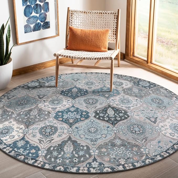 Lahome Moroccan Trellis Washable Round Area Rug, Soft Round Rugs 6ft Ultra-Thin Non-Slip, Vintage Large Circle Carpet for Bedroom Living Room Kitchen Nursery, Blue