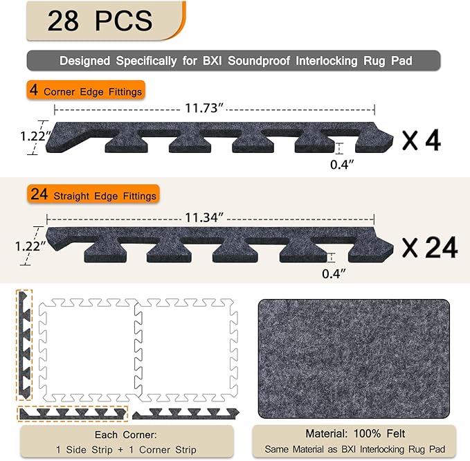 28 Pcs 0.4" Felt Border Pieces for BXI Soundproof Interlocking Rug Pad, Non Slip Rug Pads, High Density Noise Reduction Puzzle Felt Carpet Padding, Rug Mat Protect and Adds Cushion Fittings