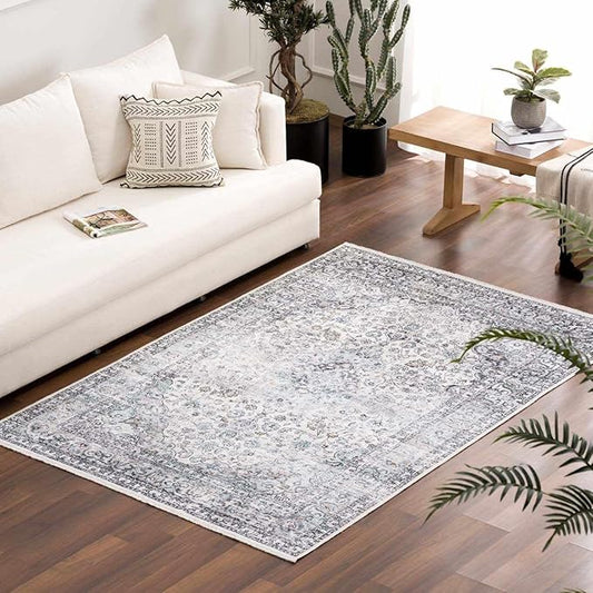 Hauteloom Boyana Bohemian Vintage Medallion Area Rug - Farmhouse Oriental Carpet for Living Room, Bedroom - Machine Washable- Light Blue, Off White, Charcoal - 5' x 7'6"