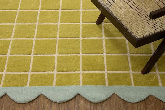 Checkered Wool Area Rug with Scalloped Border, Chartreuse Green & Cream Grid, Hand-Tufted, Soft Cut Pile, Modern Cottagecore Living Room, Bedroom & Nursery Carpet - 7x7 Ft (Round)