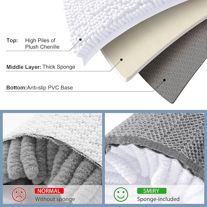 Smiry Luxury Chenille Bathroom Rugs 44x24, Extra Soft and Absorbent Shaggy Bath Mat, Machine Washable, Non-Slip Plush Carpet Runner for Tub, Shower, and Floor, Home Decor Accessories, White