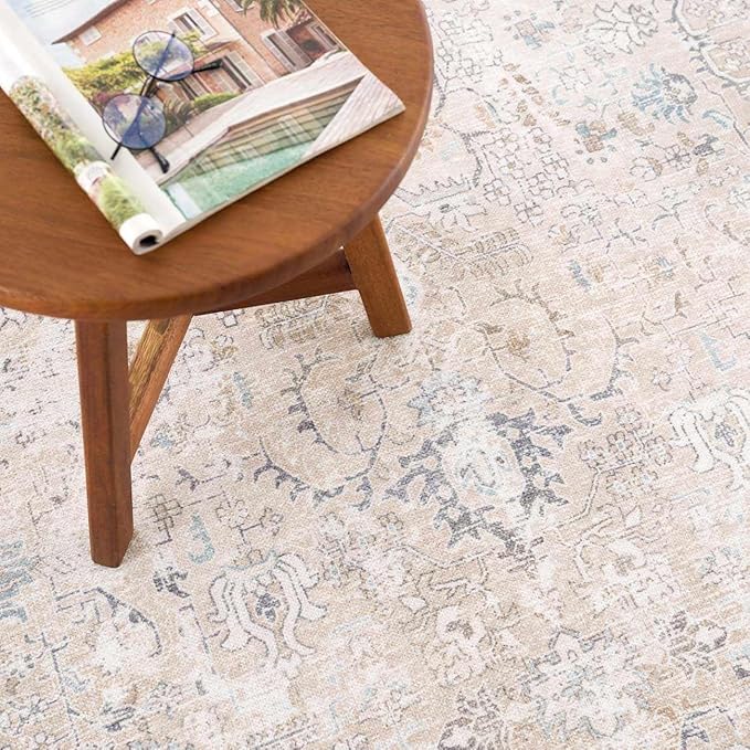 Hauteloom Caylin Bohemian Vintage Medallion Area Rug - Farmhouse Oriental Carpet for Living Room, Bedroom - Machine Washable- Cream, Dark Brown, Peach - 7'10" x 10'3"