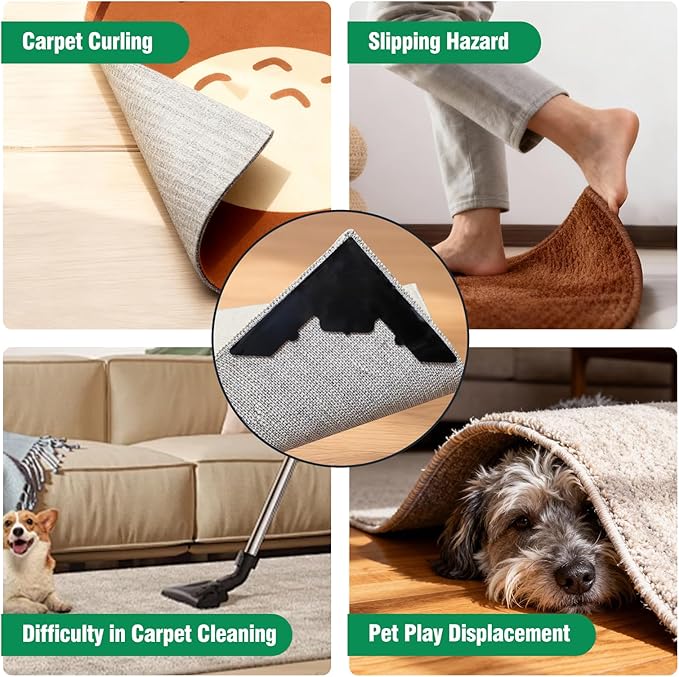 Large Non Slip Rug Pads 8 Pcs,Reusable Double Sided Carpet Tape for Hardwood Floors and Tiles,Extra Thick and Double Sided Adhesive to Secure Area Rugs,No Residue for Floor