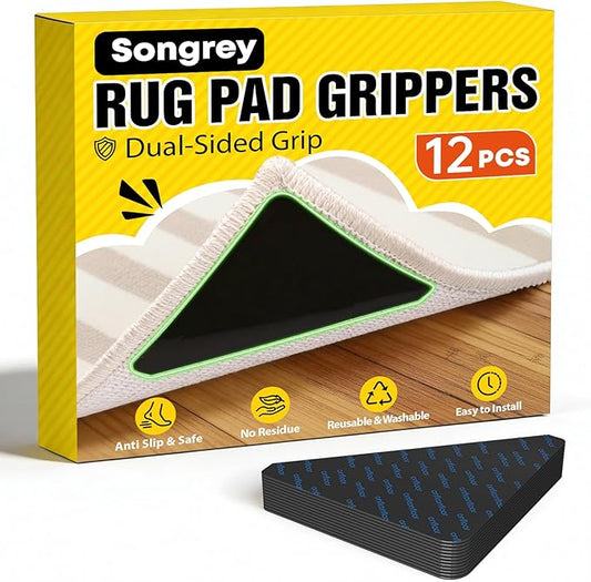 Songrey Rug Tape Rug Corner Grippers 12PCS, Reusable Double-Sided Carpet Tape to Hold Area Rugs Down, Non Slip Rug Pads Gripper for Hardwood Floors No Damage
