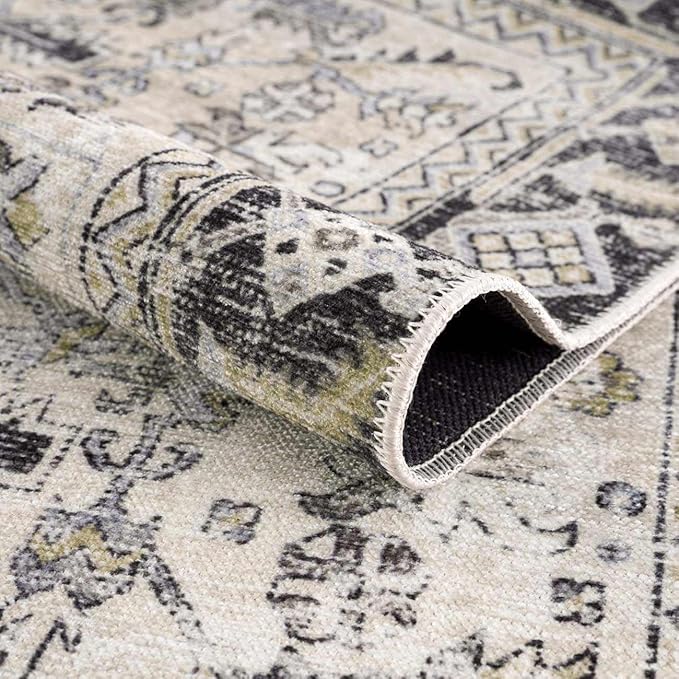 Hauteloom Ariane Bohemian Vintage Medallion Area Rug - Farmhouse Oriental Carpet for Living Room, Bedroom - Machine Washable- Gold, Arctic Blue, Black - 5' x 7'6"