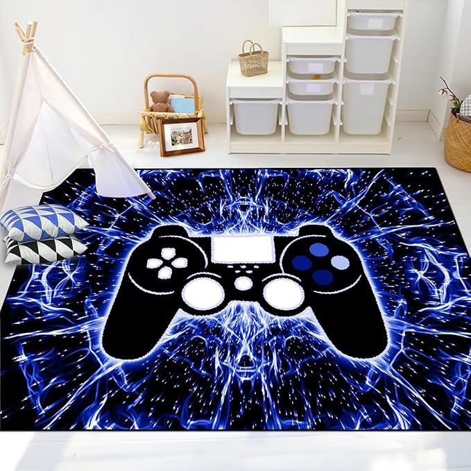 BATATADOCE Game Controller Gaming Rugs Art Abstract Background Open Space Gamer Rug Hyperspace Home Decoration for Teen Boys Game Style Bedroom Living Playing Room Black Blue