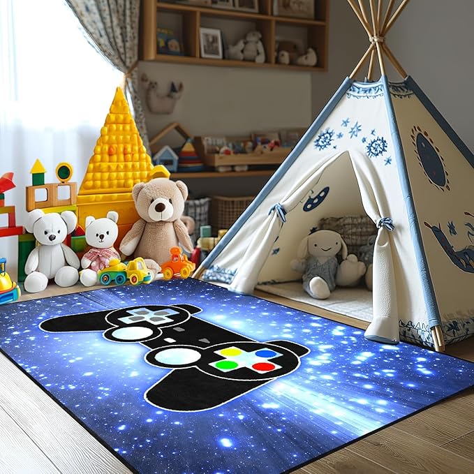 Game Video Gamepad Rugs, Boys Gamer Theme Carpets, Modern Gaming Space Blue Starry Sky Printed Large Carpets for Bedroom Living Room Mat Gaming Room Home Decor Mat