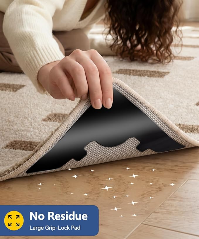 Extra Wide Rug Tape, Strong Hold Anti-Slip Rug Pads Grippers, Dual-Layer Design Rug Tape, Holds Carpet in Place on Hardwood Floors and Tiles, Washable & Reusable & No Residue, Black 12 Pcs