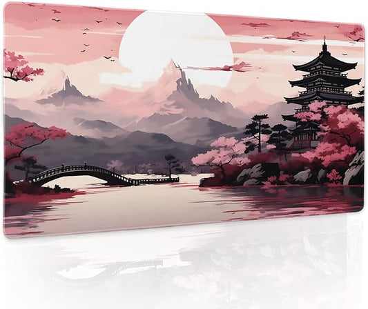 Pink Japanese Sakura Gaming Mouse Pad Large XL Cherry Blossom Tower Mountain Landscape Extended Desk Mat Big Mousepad Non-Slip Rubber Base Stitched Edge Long Desk Pad for Computer,24x14 in,60x35cm