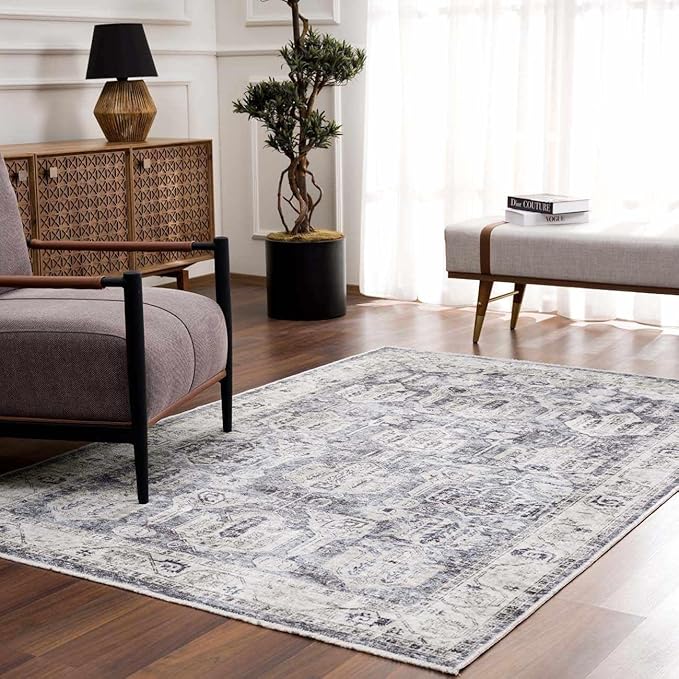 Hauteloom Carnig Bohemian Vintage Medallion Area Rug - Farmhouse Oriental Carpet for Living Room, Bedroom - Machine Washable- Off White, Dusty Blue, Charcoal - 6'7" x 9'