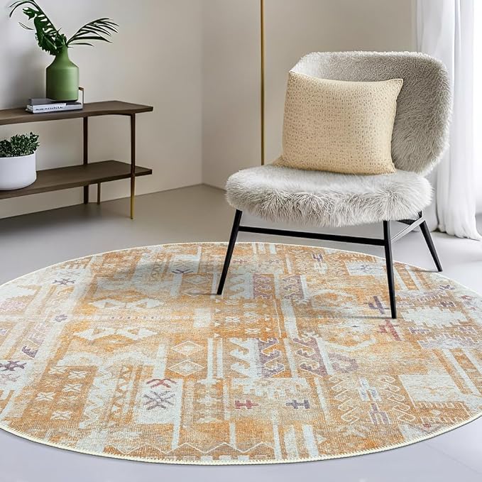 GLN Rugs Bohemian Collection - Machine Washable Area Rug, Bohemian Vintage, Non Slip, Low Pile Chenille Rug, Living Room, Bedroom, Bathroom Rug (5'3" Round Yellow)