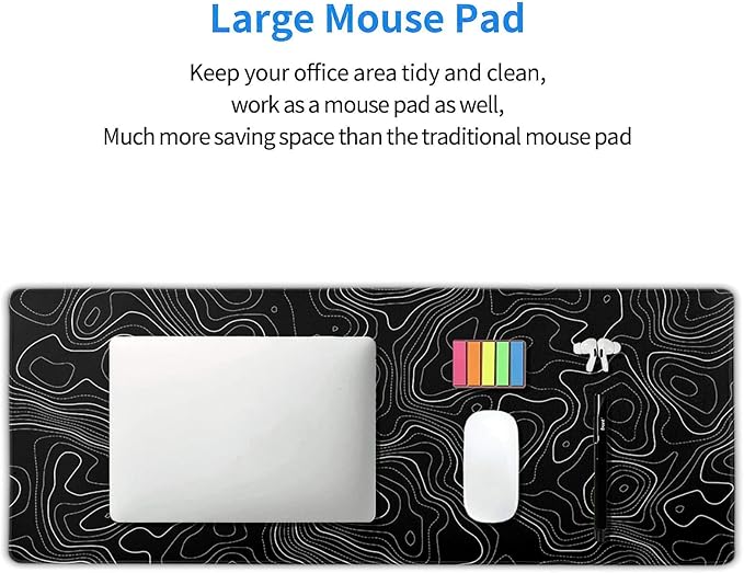 Topographic Contour Black Gaming Mouse Pad XL Topo Geographic Map Lines Extended Large Mouse Pad Big Desk Mat Non-Slip Rubber Base Stitched Edge Long Keyboard Playmat for Desk Computer,31.5×11.8 in