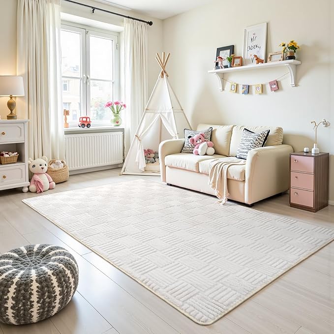 5x7 White Washable Shag Area Rug for Girls Bedroom, Modern Geometric Non Slip Living Room Rugs, Fluffy Soft Thick Carpet for Kids Room, Dorm, Office, and Home Decor