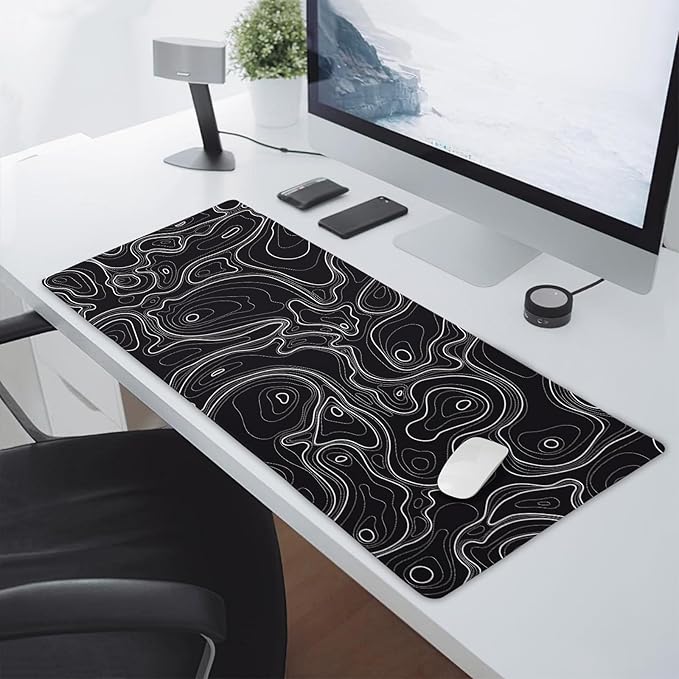 Topographic Map Black Gaming Mouse Pad XXL Minimalist Topo Geographic White Lines Extended Large Mousepad Desk Pad Non-Slip Rubber Base Stitched Edge Keyboard Pad Playmat for Computer,35.4×15.7 in